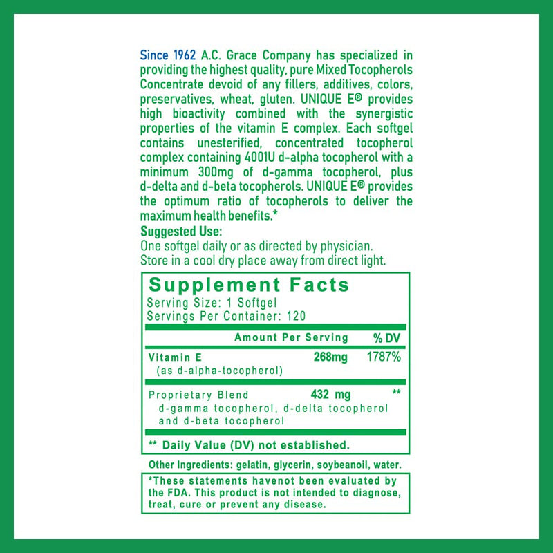 UNIQUE E A.C. Grace Company Mixed Tocopherols 120 Soft Gels, Supports Healthy Brain Function, General Health, and Aging Support, All-Natural Vitamin E and Kosher - BeesActive Australia