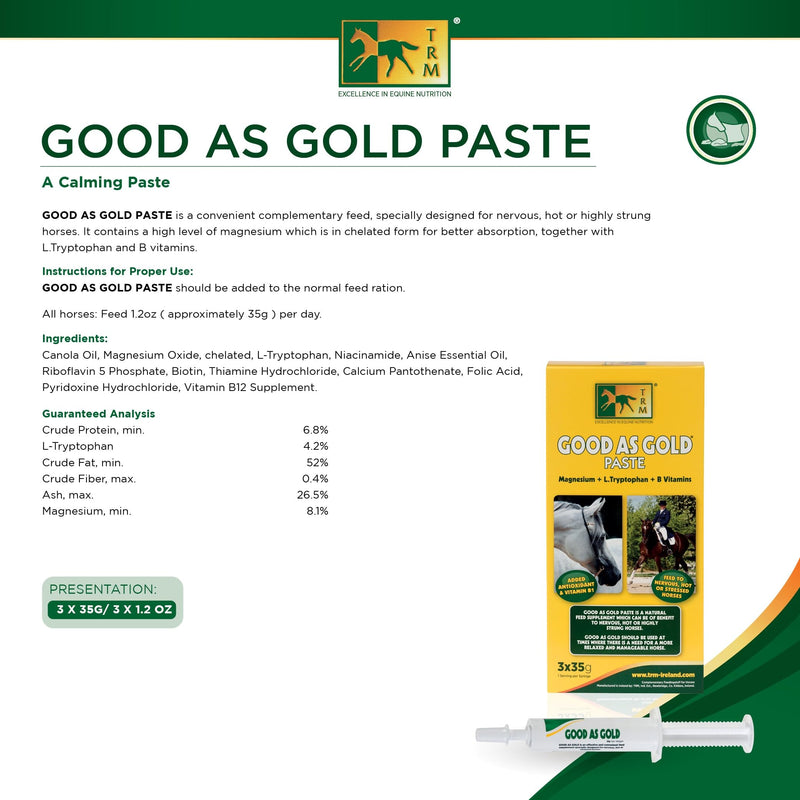TRM Good as Gold Horse Paste, Tryptophan, Magnesium and B Vitamins, Supports Muscle Relaxation and Ride-Ready Focus, Horse Calming Supplement, Fast Acting Equine Calming Paste for Horses, 3 Pack FBM 3 qty x 35g