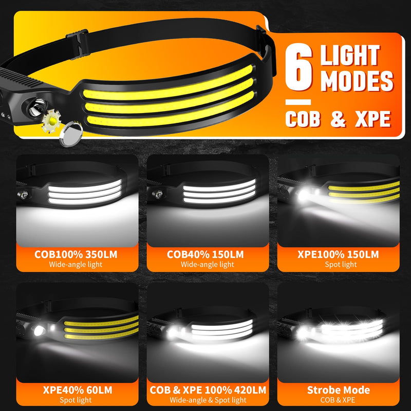 6 Pack Headlamp Rechargeable, LED Headlight Flashlight Super Bright with 230° Wide Beam, Motion Sensor, 5 Modes Waterproof Head Lamp for Outdoor Hiking Running Camping - BeesActive Australia