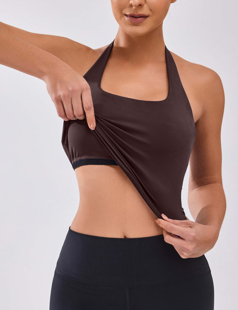 BMJL Womens Halter Built in Bra Workout Sports Tank Tops Buttery Longline Stappy Gym Crop Tops Coffee X-Large - BeesActive Australia
