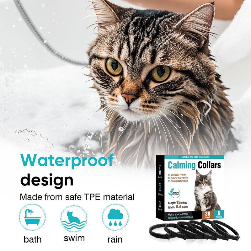 Calming Collar for Cats 6 Pack Cat Calming Pheromones Collar Stress and Anxiety Relief for 30 Days Pheromone Collars Adjustable Calm Care Products Anti Aggression Stop Meowing Relaxer for Cats in Heat Black