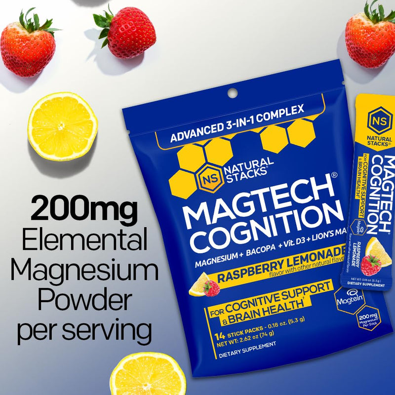 MagTech Magnesium Cognition Powder with Lions Mane Mushroom, 14 Servings | Sugar Free Focus Supplement for Adults - Magtein L-Threonate, Glycinate & Taurate Magnesium Complex - Natural Stacks Cognition (Raspberry Lemonade)
