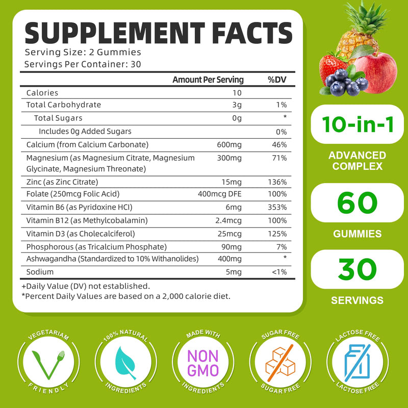 Calcium Magnesium Zinc Supplement with Vitamin D3, Sugar Free Calcium Gummies for Women Men, High Potency Magnesium Gummies for Bone & Muscle & Immune Health, Mixed Flavors - 60 Count Mixed Fruit 60 Count (Pack of 1)