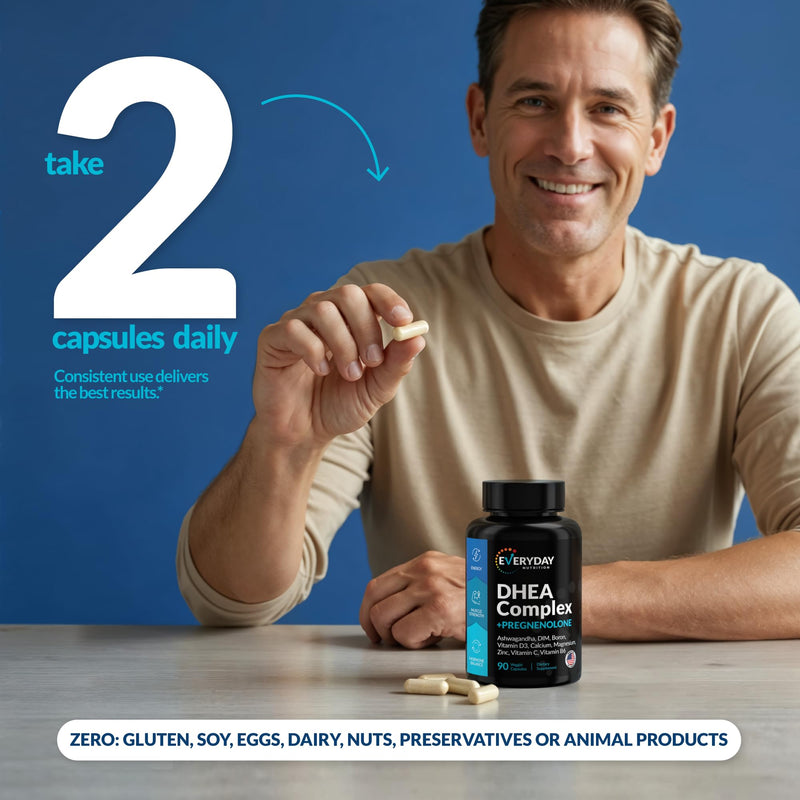 DHEA Micronized 200mg Complex with Pregnenolone 100mg Supplement for Men & Women with Ashwagandha, DIM, Magnesium, Boron, Calcium , Zinc, Vitamin D3, C and B6 Hormone Support - Made in USA 90 Capsules