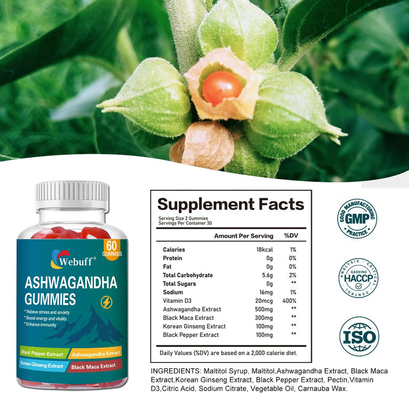 Ashwagandha Gummies with L-Theanine & Black Pepper Extract for Daily Stress Relief, Mood Support & Mental Clarity - Non-GMO, Gluten-Free, Vegan - 60 Count 60 Count (Pack of 1)