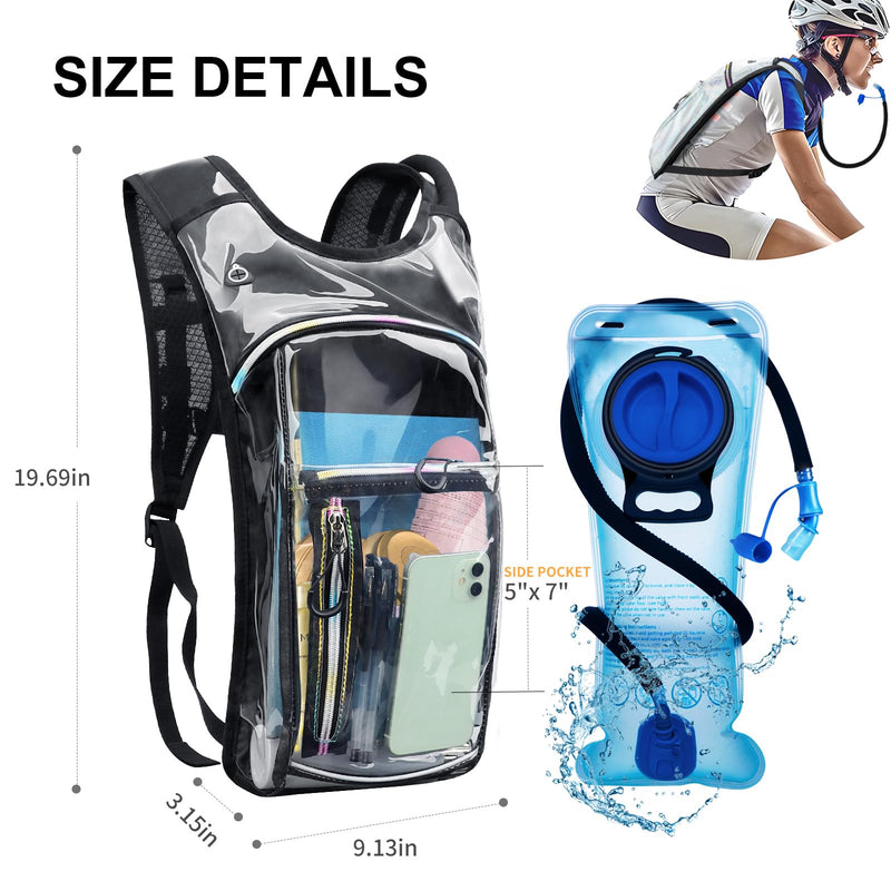 Hydration Backpack,Water Backpack with 2L Water Bladder,Festival Essential-Rave Hydration Pack,Lightweight Insulation Hydropack for Outdoor,Hiking,Running,Biking,Music Festival for Men Women Clear