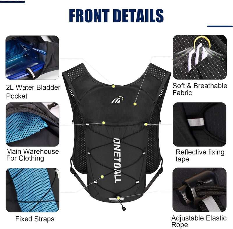 Running Vest for Women & Men, 6L Hydration Backpack with 2L Water Bladder, Lightweight Water Backpack for Trail Running, Marathon, Hiking, Cycling, Jogging, Adjustable Fit Black Vest with 2L Bladder - BeesActive Australia