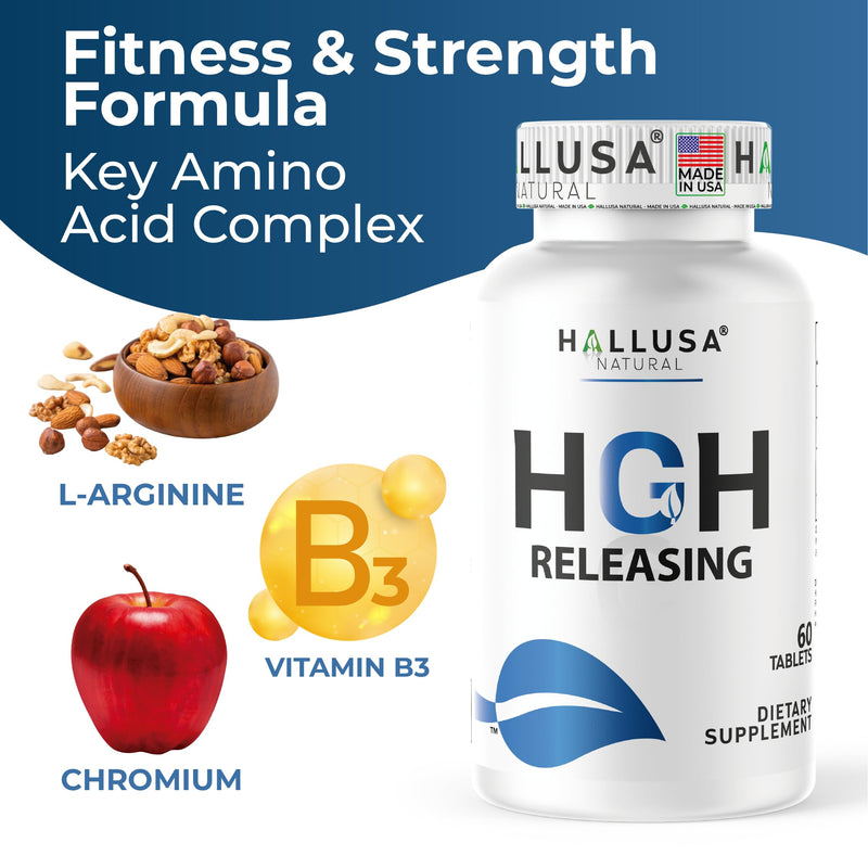 HGH-Releasing Support Supplement with L-Arginine & Ornithine | Nitric Oxide Support for Muscle Recovery, Energy & Performance | Amino Acid Complex with Vitamin B3 & Chromium | 60 Tablets