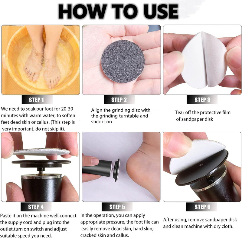 Electronic Foot File Grinder (Speed Adjustable) with 60pcs Replacement Sandpaper Disk，Electric Foot Scrubber Dead Skin Remover，for Feet Hard Cracked Dry Dead Skin Exfoliation，Unisex（Black） Black - BeesActive Australia