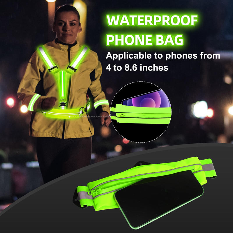JZ LED Reflective Vest Running Gear-Reflective Vest for Walking at Night, High Visibility Night Running-Rechargeable Adjustable Led Light Up Running Vest with Armband for Runners Walkers Men Green