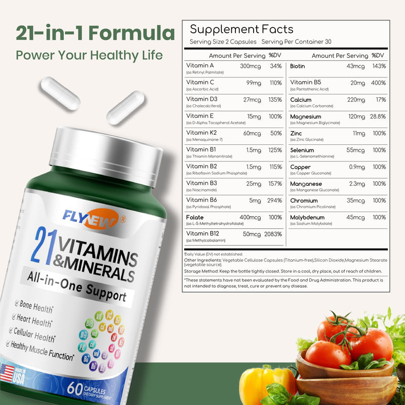 Multivitamin for Women & Men - Mens & Womens Multivitamin for Bone, Skin & Immune Health Support, 21 in 1 Multivitamins Supplement, Multivitamins with Gluten & Allergen Free, Non GMO, 60 Capsules 1 Pack Multivitamin