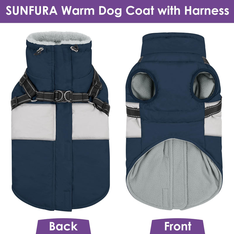 SUNFURA Dog Winter Coat, Waterproof Dog Jacket Dog Coat with Harness for Medium Dogs Boys Girls, Reflective Fleece Lined Dog Snow Jacket Pet Sweaters for Pug, Jack Russel, Boston Terrier, Blue M Navy Blue - BeesActive Australia