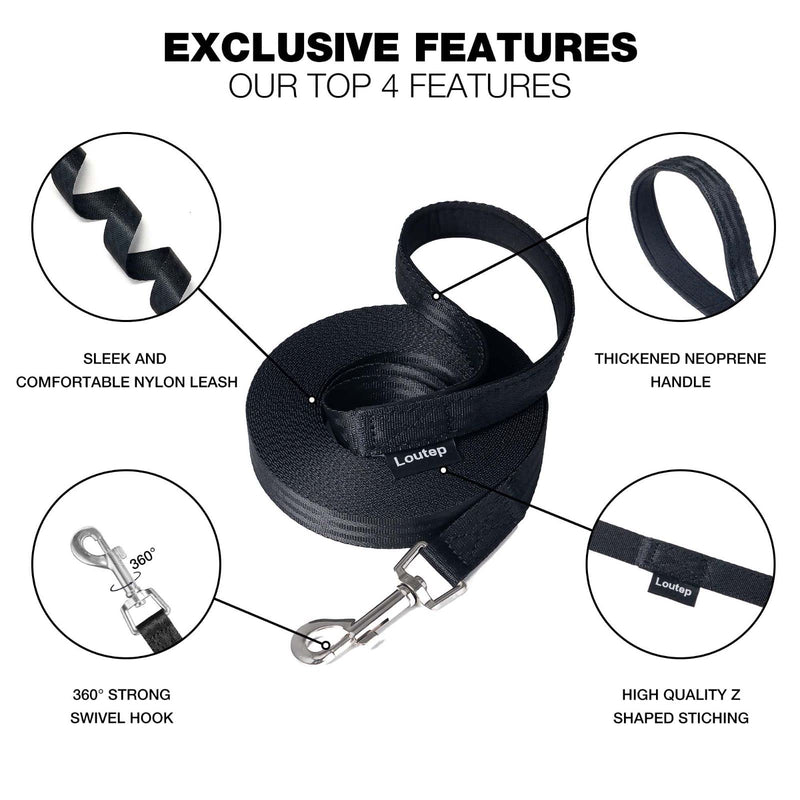 Dog Training Leash 15ft 20ft 30ft 50ft 100 feet - Extra Long Leash for Dogs with Padded Handle for Small Medium & Large Puppy Breed, Outdoor obedience, Agility Nylon Recall line Lead Black - BeesActive Australia