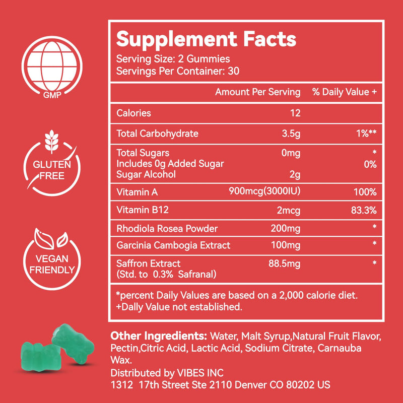 Saffron Supplements Gummies, Saffron Extract, Vegan - 60 Gummies | for Positive Mood & Calm Nerve, Boost Energy, with Garcinia Cambogia, Vitamin A, B12, Rhodiola Rosea 60 Count (Pack of 1)