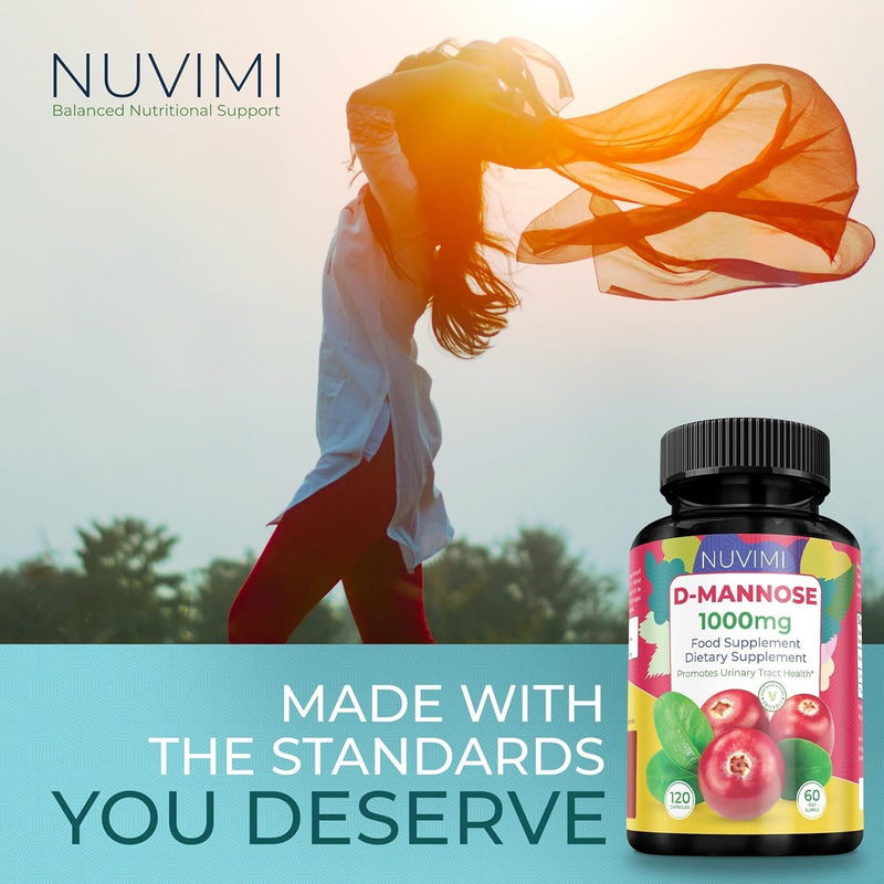 D Mannose 120 Capsules - 1000 mg per Dose - Dietary Supplement | NUVIMI® easy-to-swallow vegan capsules helps block bacteria stickiness for urinary health with no chalky powder. 120 Count (Pack of 1)