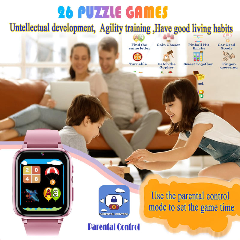 Goodatech 1.69'' Kids Smart Watch for Boys and Girls, HD Camera, 26 Puzzle Games, Video Music Player, Pedometer, Flashlight, Alarm Clock, Christmas Birthday Gifts for 4-12 Years Children (Pink) Pink