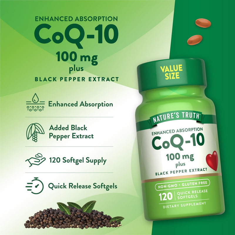 Nature's Truth CoQ10 100mg | 120 Softgels | High Absorption | Non-GMO & Gluten Free Coenzyme Supplement | with Black Pepper Extract