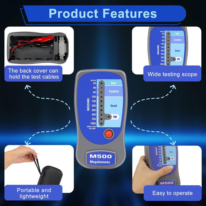 Insulation Tester Megohmmeter, 1000 Megohms at 500V, Compatible with Supco M500, Professional HVAC Tool for Compressor & Motor Windings, LED Zone Scale Indicator, Impact Resistant with Soft Case