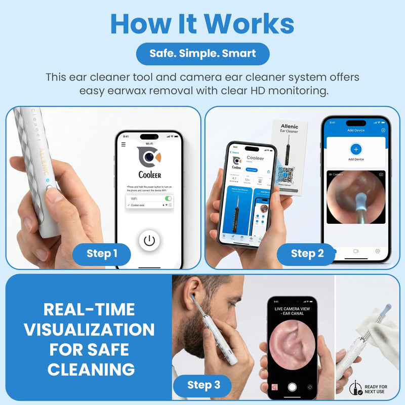 Ear Wax Removal Kit with Camera, 1080P HD Ear Cleaner with Light, WiFi Otoscope Ear Camera for iPhone & Android, Ear Cleaning Tool with 8 Silicone Tips, Rechargeable Earwax Removal Camera (White) White - BeesActive Australia