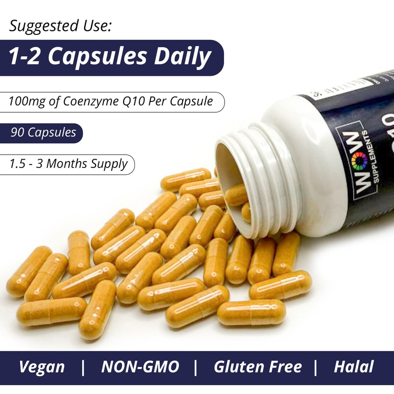 WOW Supplements CoQ10 100 mg with Hawthorn Berry - High Absorption CoQ10 100mg for Energy Production, Heart and Cellular Health - Non-GMO, Gluten-Free Coenzyme Q10 100mg Supplement - 90 Capsules