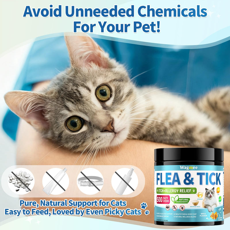 Natural Cat Flea Treatment Chewables – 500 Crunchy & Creamy Tasty Chews, Flea and Tick Prevention for Cats with Skin & Coat Support, Oral Flea & Tick Supplement & Allergy Relief for Cats, Chicken