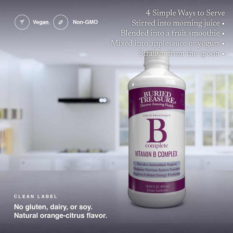 Buried Treasure B Complete - Liquid Vitamin B Complex with MethylCobalamin B12 & MethylFolate B9, Biotin, B1, B2,B3, B5, B6, Liquid & Sugar-Free, Women & Men, Dose Cup for Measuring 16 Fl Oz (Pack of 1)