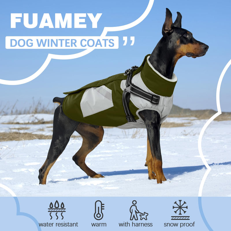 FUAMEY Dog Jackets-Dog Coat with Harness Built in-Waterproof Dog Jacket-Dog Winter Coat with Zipper On Back-Snowsuit Pet Clothes Poop Bag Pockets-Reflective Dog Vest for Extra Small Dogs Green XS X-Small(chest:14in) - BeesActive Australia