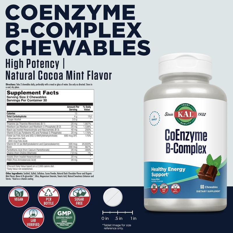 KAL CoEnzyme Vitamin B Complex, Chewable B Vitamins for Healthy Energy, Red Blood Cell and Nerve Function Support w/Vitamin B12, B6, Folic Acid, Natural Cocoa Mint, Vegan, Sugar Free, 30 Serv, 60ct 60 Count (Pack of 1)