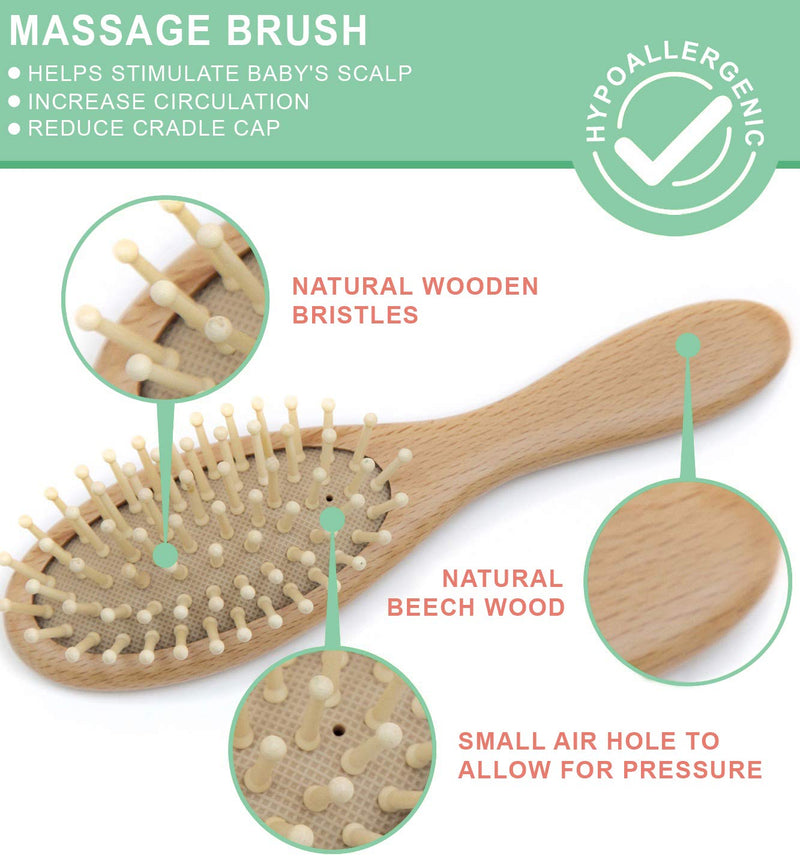 Baby Hair Brush and Comb Set for Newborn Wooden 4 Piece Soft Bristle Baby Brush and Comb Set for Newborn Girl Boy and Toddler Soft Cradle Cap New Born Infant Hair Brushes Perfect Baby Registry Gift 4 Piece Set