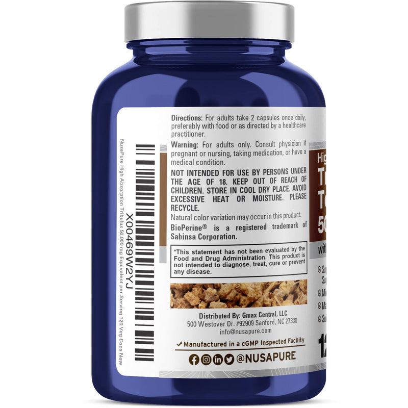 NusaPure Tribulus Terrestris 50:1 Extract, 1000 mg Equivalent to 50,000mg| 120 Veggie Caps | 95% Steroidal Saponins | Non-GMO, Bioperine 120 Count (Pack of 1)