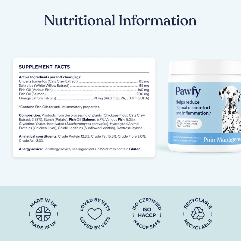 Pawfy Pain Management for Mobility & Joint Comfort Chews for Dogs | Salmon Oil, Omega 3, Cat's Claw | Hip & Joint Support for Senior & Large Breed Dogs | All Ages & Sizes | 60 Soft Chews