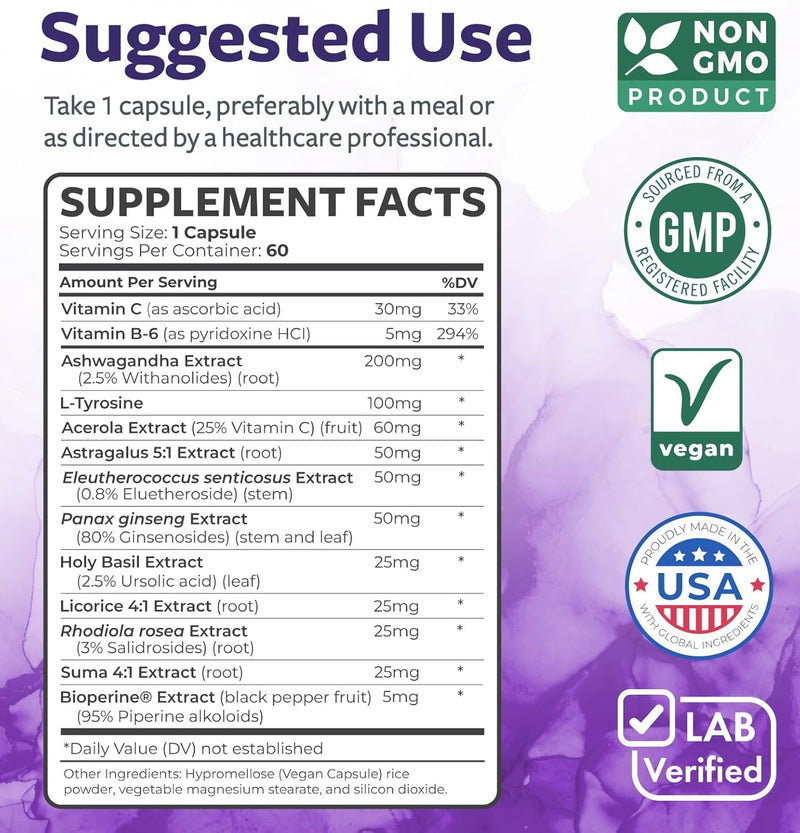 Adrenal System Support & Cortisol Manager (2 Month Supply) Powerful Ashwagandha & L-Tyrosine Fatigue Supplement - Maintain Balanced Cortisol Levels, Health, & Stress Relief - Non-GMO - 60 Capsules 60 Count - BeesActive Australia