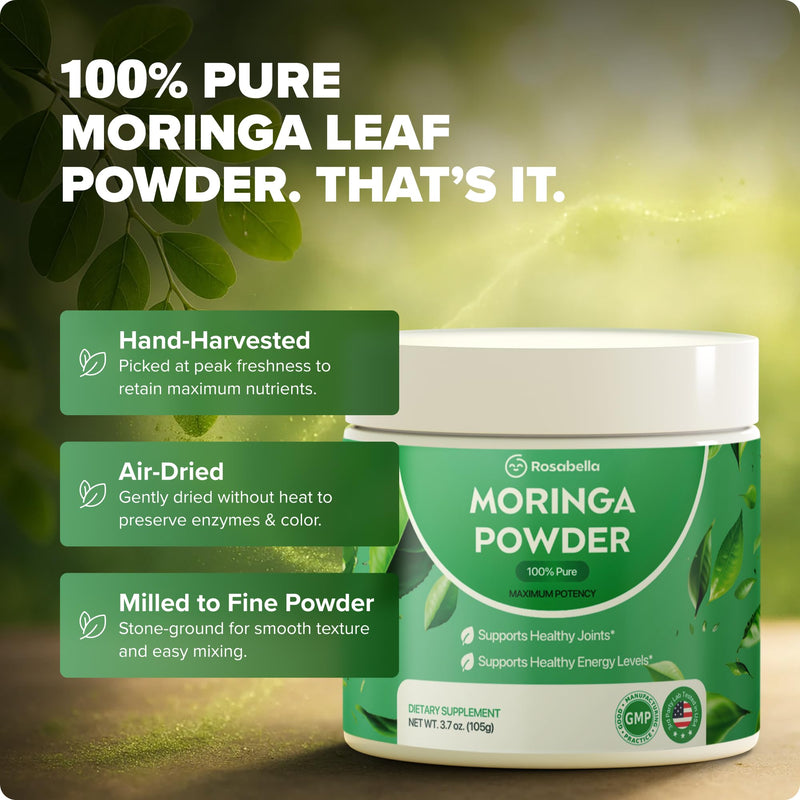 Rosabella Pure Moringa Powder - Energy, Skin, Immune & Gut Health Superfood, Rich in Antioxidants, Essential Vitamins & Amino Acids, Natural Green Superfood Supplement (3.7oz (Pack of 1)) 3.7 Ounce (Pack of 1)