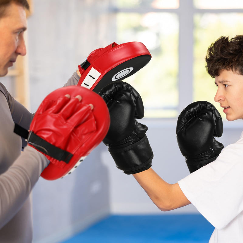 Boxing Gloves and Punching Mitts Set for Kids 6oz Black Gloves Curved Punch Mitts Pad Sparring Training Equipment for Martial Arts Muay Kickboxing Taekwondo Karate BJJ