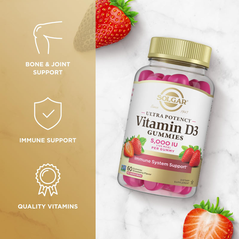 Solgar Vitamin D3 Gummies for Adults 5,000IU Ultra Potency, 60 Servings | Vitamin Immune System Support for Women & Men, Tasty Strawberry Flavor, Gluten & Gelatin Free Gummy, 2 Month Supply, 2g Sugar 60 Count (Pack of 1)