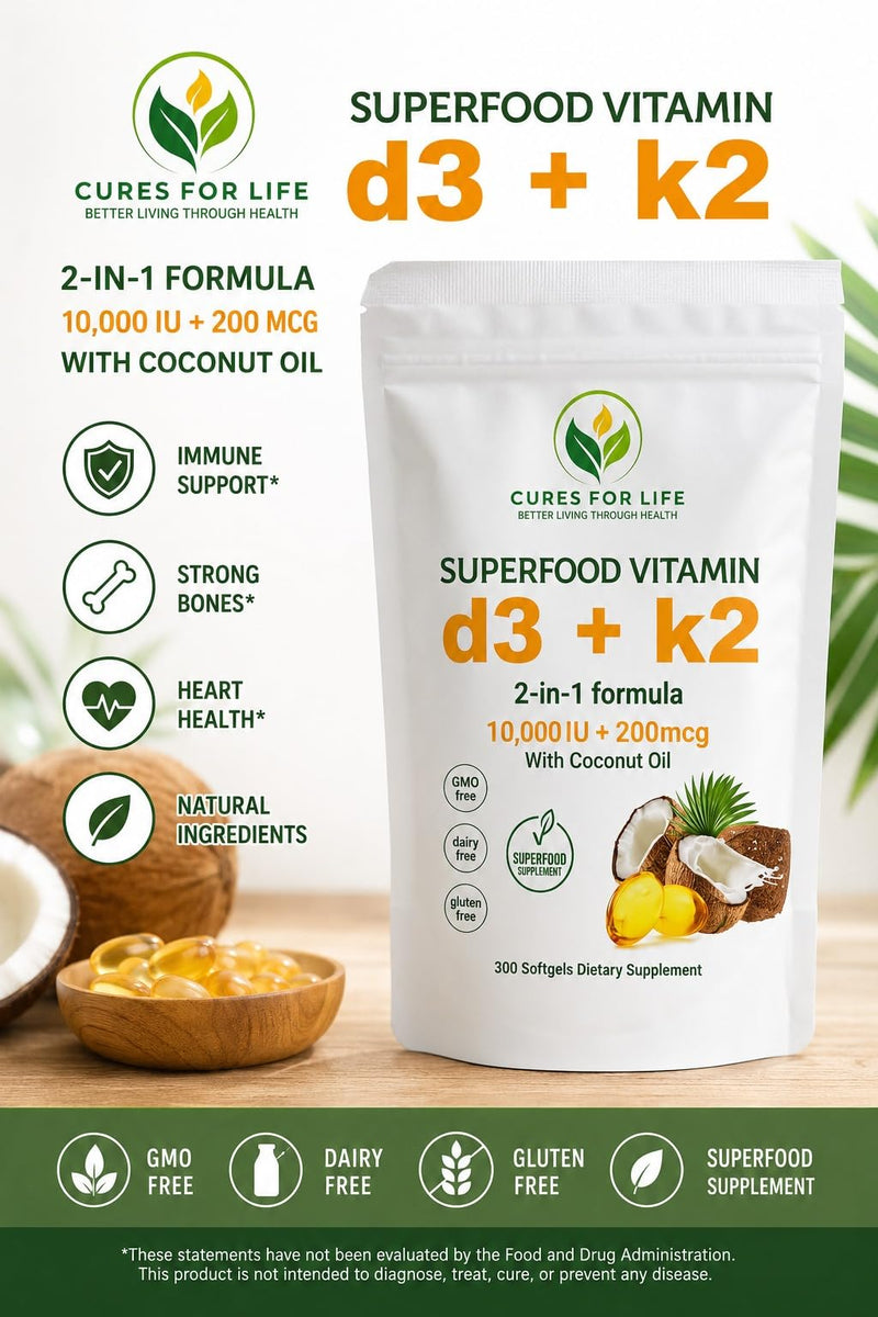 Vitamin D3 + K2 Supplement 10,000 IU & 200 mcg - Infused with Coconut Oil for Max Absorption - Bone & Immune Support - Non-GMO, Gluten Free - 300 Softgels