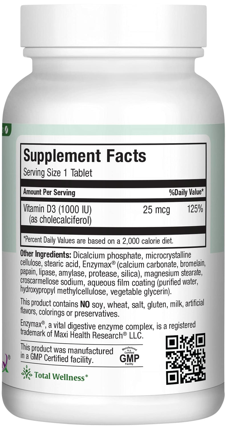 Vitamin D3 1000 IU Dietary Supplement - Easy to Swallow - Odorless & Tasteless - Supports Calcium Absorption, Immune Health and Bone Health in Adult Women & Men - 90 Tablets - by Maxi Health Tablet 90 Count (Pack of 1)