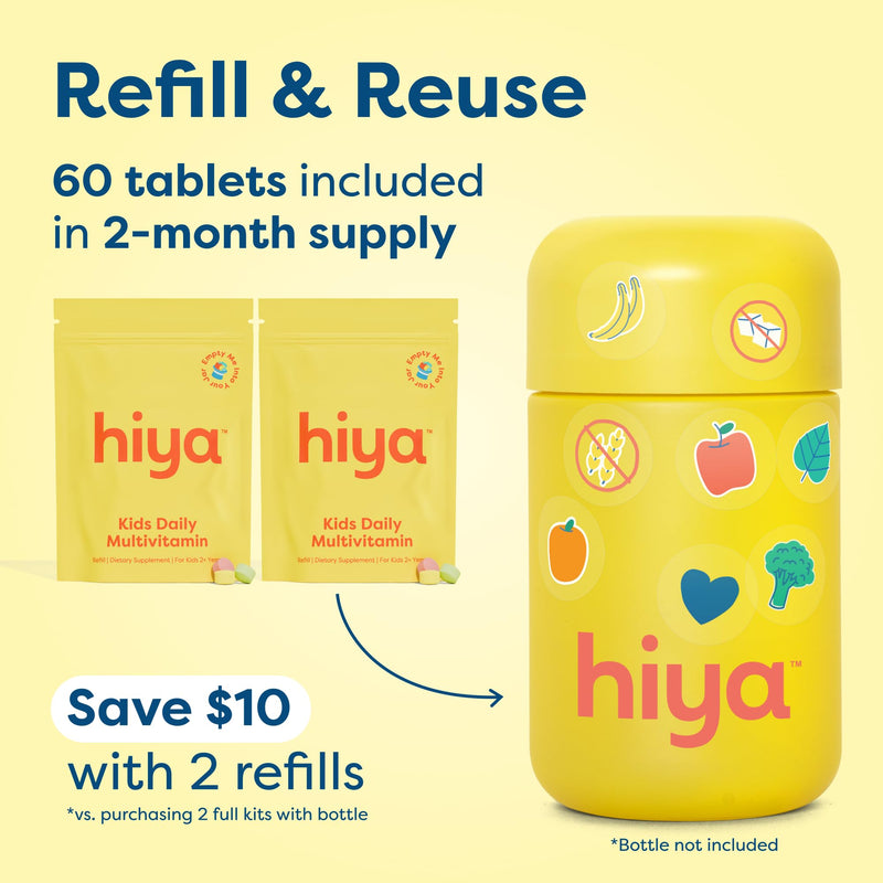 HIYA Kids Multivitamin Tablets, 60 Day Refill Supply for Toddlers & Kid | 15+ Essential Vitamins & Minerals with Fruits & Veggies for Ages 2+, Supports Growth, Development & Immune, 0g Sugar Fruit Multi-Flavor 30 Count (Pack of 2)