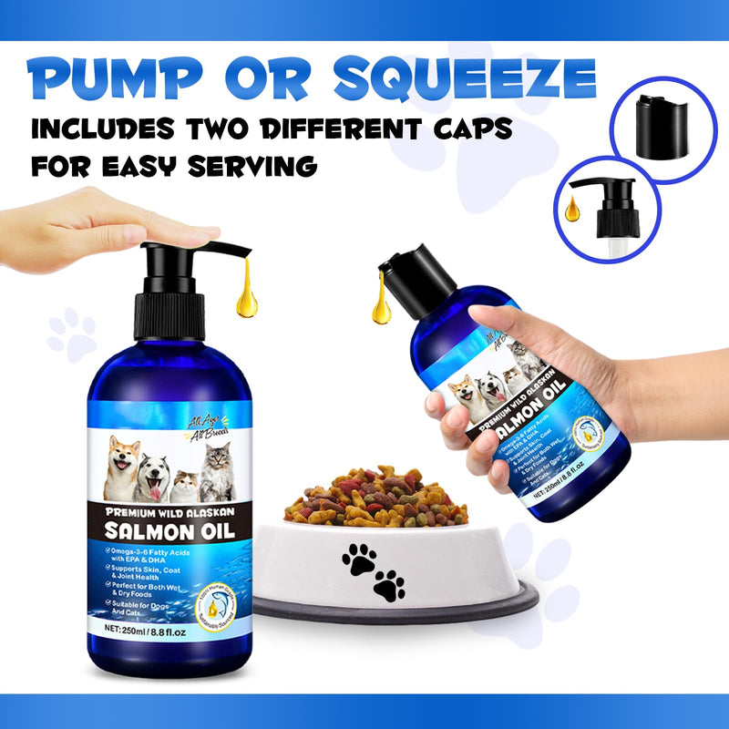 Alaskan Salmon Oil for Dogs & Cats 250ml – Natural Omega 3 & 6 Fish Oil Supplement with EPA & DHA – Supports Skin, Coat, Joints, Brain & Heart – Anti-Inflammatory Pet Supplement for Dogs and Cats