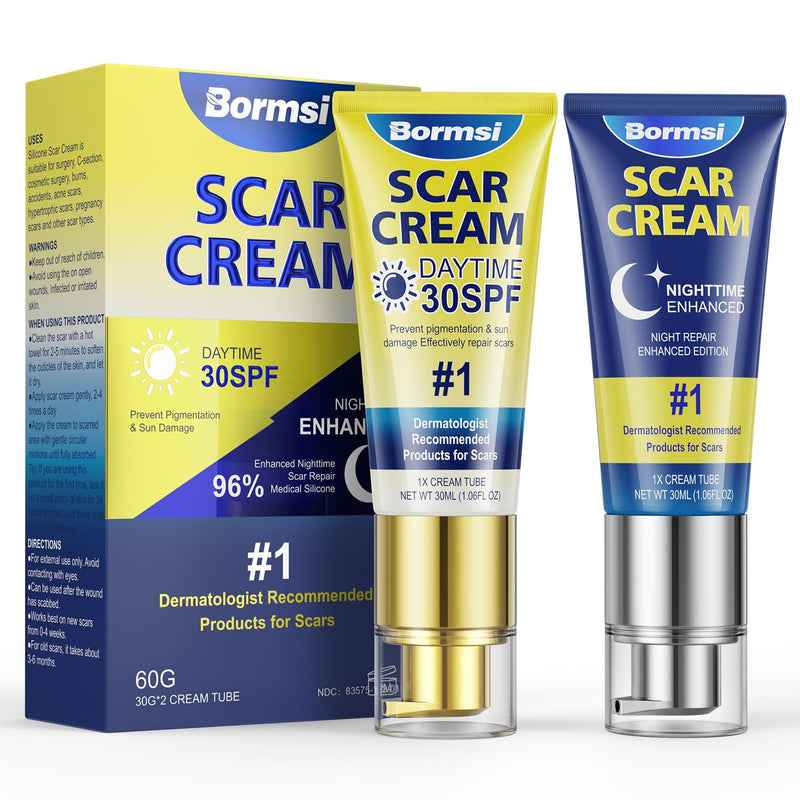 BORMSI Scar Cream,SPF 30 Suncreen & PM Silicone Intensive Overnight Scar Gel Reduces the Appearance of Scars from Surgical Scars,Stretch Marks,Keloid, 2 Tube,1.76 oz/Tube - BeesActive Australia