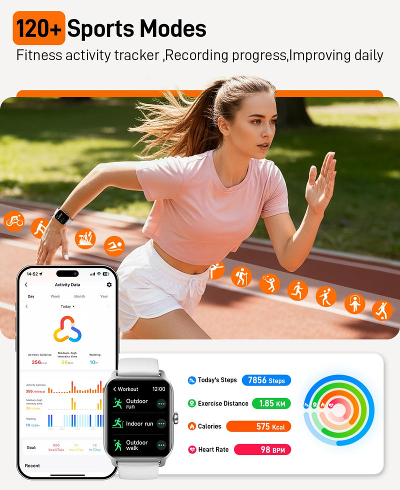 Smart Watches for Women Men, 2026 Smartwatch 1.85''Alexa Fitness Tracker Smart Watch Compatible for Android iPhone with Bluetooth Call (Answer/Make), 3ATM Waterproof Heart Rate/Sleep/SpO2 Monitor 120+ White - BeesActive Australia