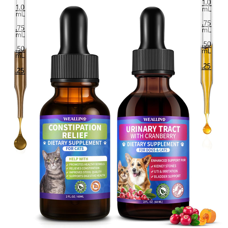 Cat Constipation Relief & Cat & Dog Natural Urinary Tract Infection Treatment with Cranberry Bundle, Digestive Comfort & Bladder Wellness, Natural Herbal Liquid Supplements