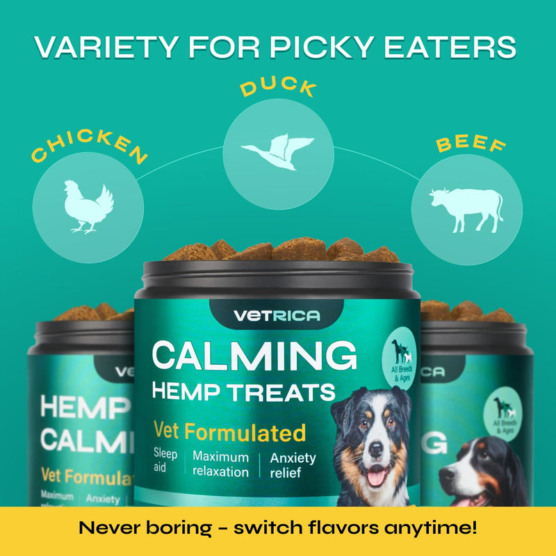 Dog Calming Chews with Hemp - 17,810 mg Hemp Oil per Pack - Soft Calming Chews for Dogs with Melatonin - Relaxation Support for Travel, Grooming, Separation, Thunder, Fireworks - 130 Duck Bites Duck Flavor Calming Chews - 130 count