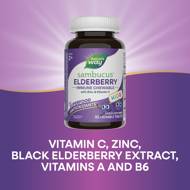 Nature's Way Sambucus Elderberry Immune Chewable for Kids, 40 ct | Immune Support*, Vitamin C, Zinc, with Superfood Antioxidants(1), Gluten-Free, Dairy-Free, No Artificial Colors