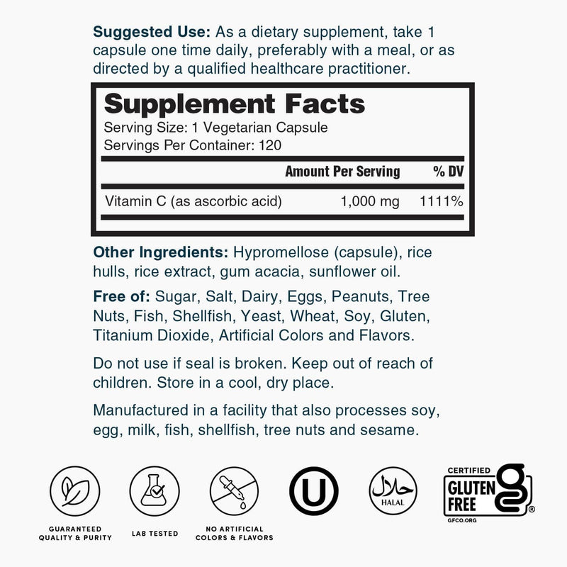 Nature's Lab Vitamin C 1000mg Per Capsule -Supports Immune System Health, 120 Count (Pack of 2) 120 Count (Pack of 2)