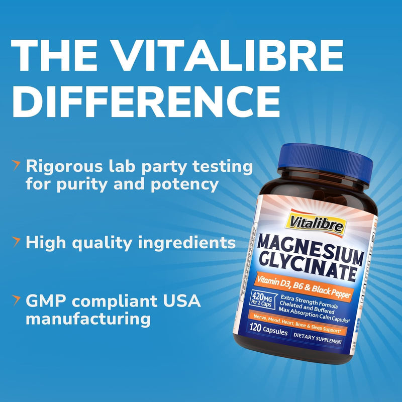 Vitalibre Magnesium Glycinate 420mg with Vitamin D3 B6, 120 Vegan Capsules | Chelated & Buffered Magnesium Supplement | High Absorption for Nerve, Bone, Heart, Mood, Sleep Support, Non-GMO 120 Count (Pack of 1)