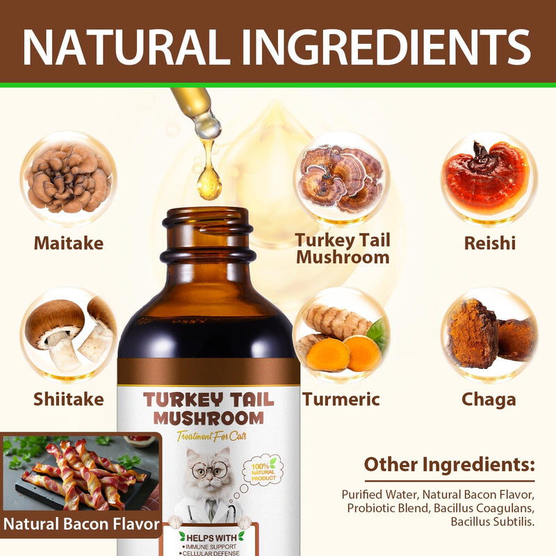 Turkey Tail Mushroom Liquid Drops for Cats - with Reishi, Maitake, Probiotics & Turmeric - Natural Flavour, 60ml