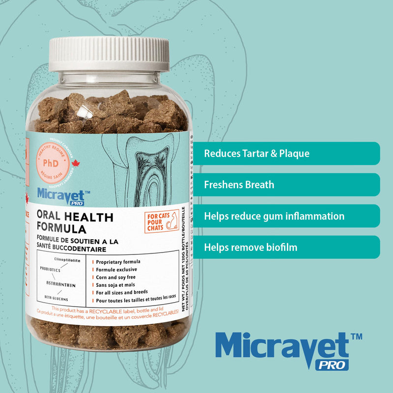 MicraVet Pro Oral Health Soft Chew Dental Supplements for Cats – Plaque & Tartar Control, Fresh Breath Support, Natural Gum & Oral Wellness Formula with Zeolites, Probiotics & Astaxanthin – 70 Count