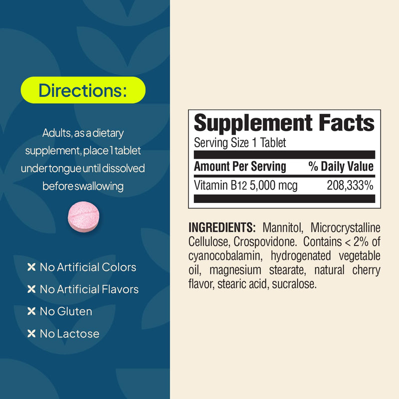 Nature's Wonder Vitamin B12 5000 mcg Quick Dissolve Tablets, High Potency B12 Supplement for Energy Metabolism, Nervous System & Red Blood Cell Support, 120 Tablets, 120 Day Supply