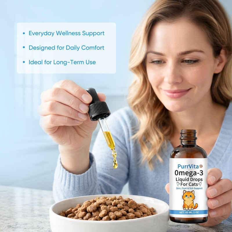 PurrVita Omega-3 Liquid Drops for Cats – Supports Healthy Skin & Coat, Natural Fish Oil Supplement for Feline Wellness 60ml (1) 1